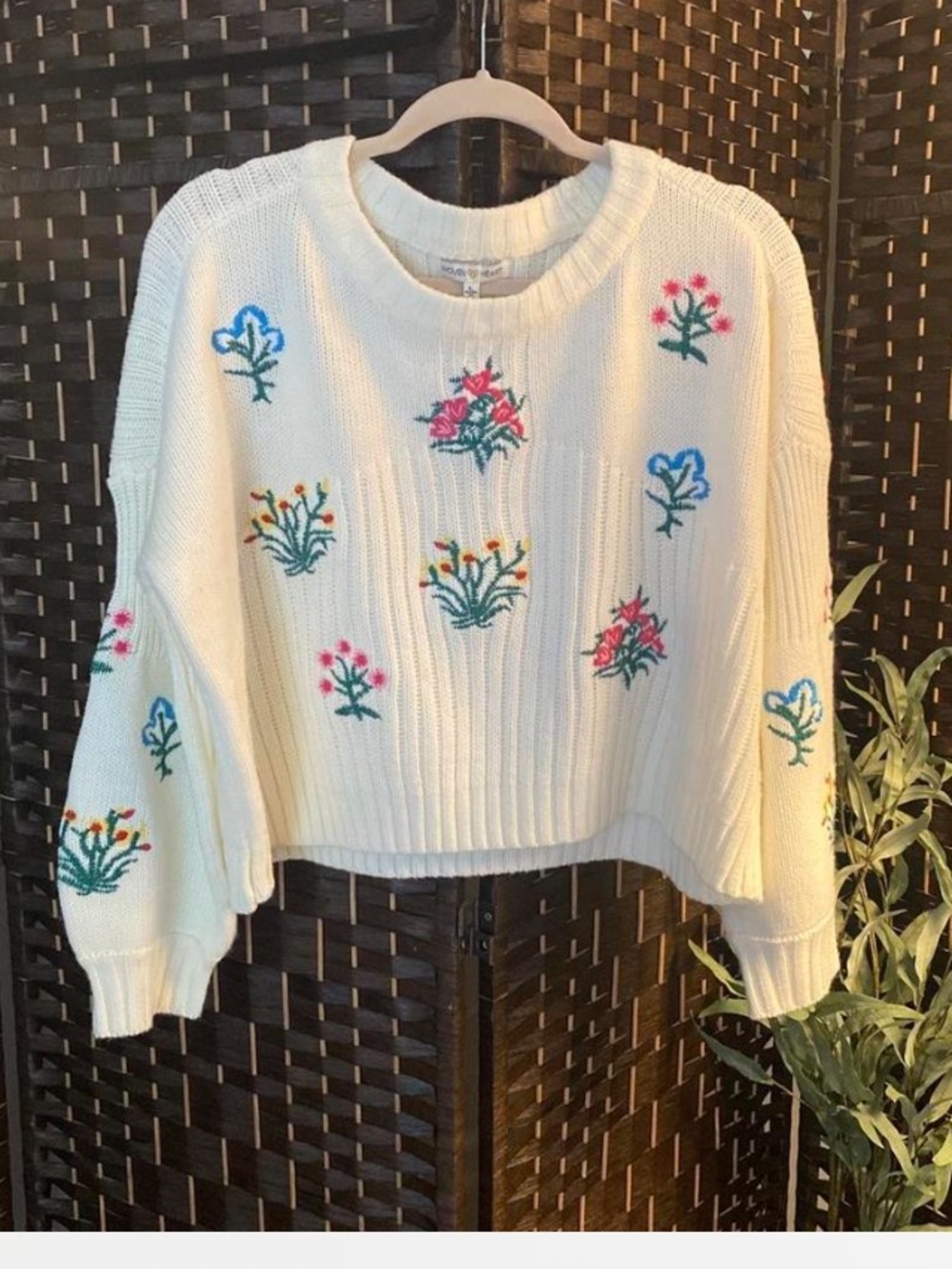 Woven Heart Cream Crewneck Sweater with Multicolor Floral Embroidery